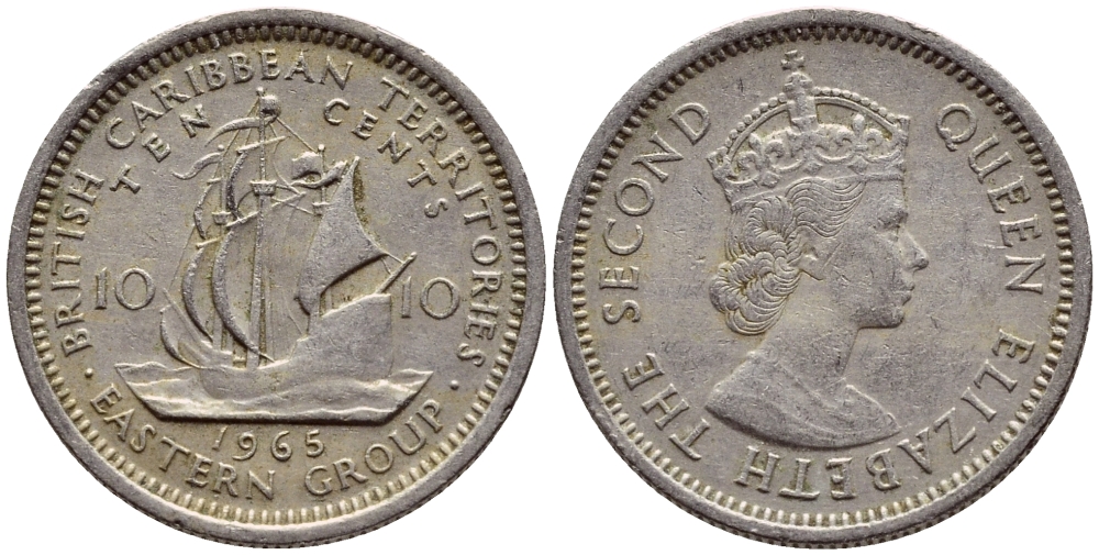 Британские Восточно-Карибские территории 10 центов 1965 Елизавета II (1952-2022), парусник KM 5 медно-никель 4392-868