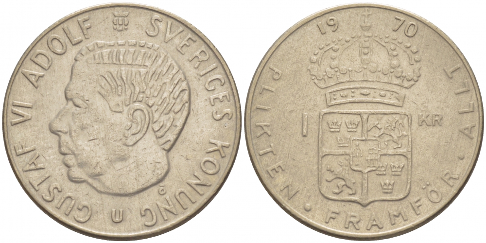 Швеция 1 крона 1970 Густав VI Адольф (1950-1973) KM 826a медь плакированная медно-никелем 213-857