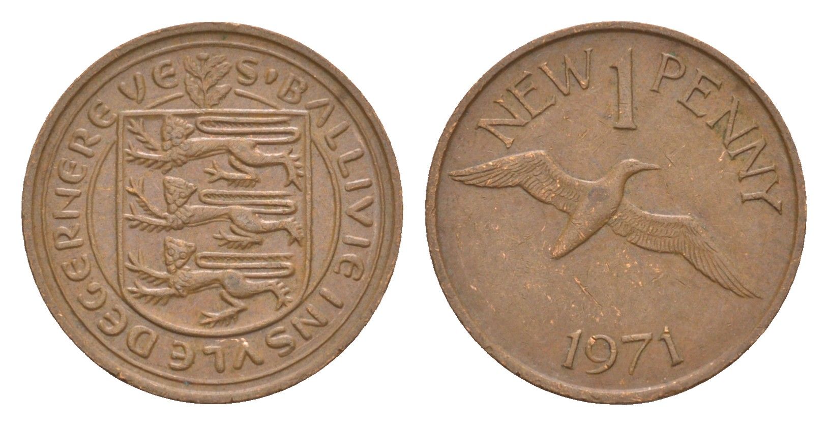 Гернси 1 новый пенни 1971 Елизавета II (1952-2022), северная олуша в полете KM 21 бронза 4655-936