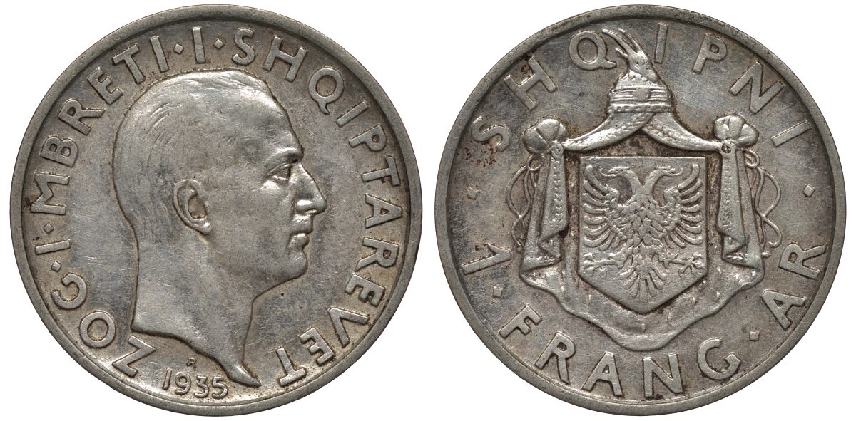 Албания 1 франга ари 1935 R, Ахмет Зогу I (1928-1939) KM 16 серебро 441-1532