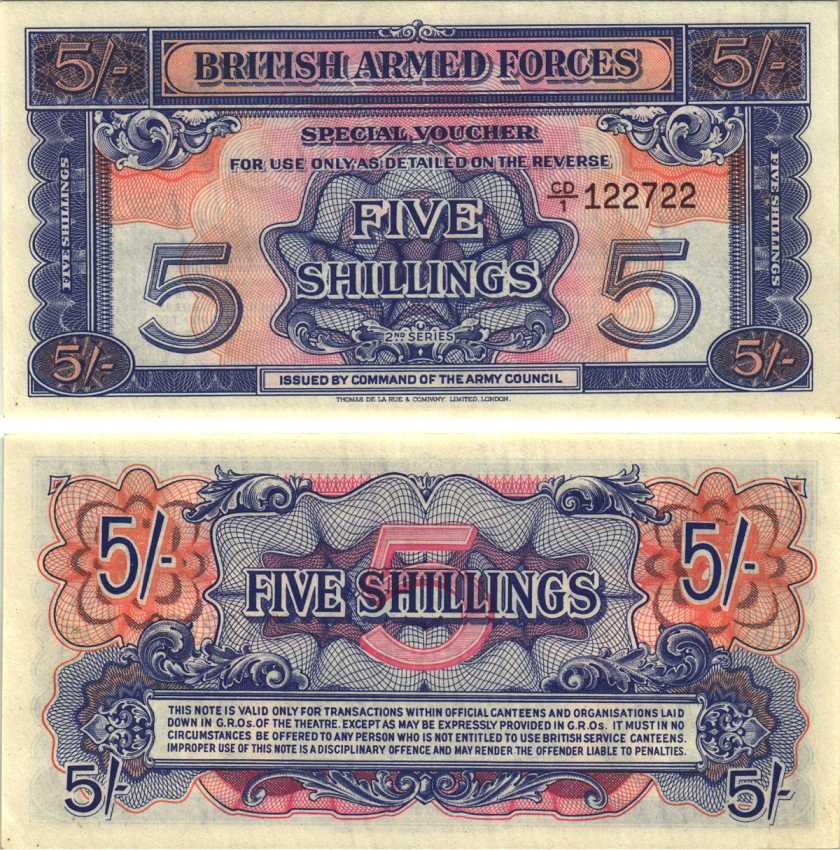 АНГЛИЯ 5 ШИЛЛИНГОВ 1961 ВТОРАЯ СЕРИЯ, ВАУЧЕР ДЛЯ ВООРУЖЕННЫХ СИЛ, БУМАГА С ВОДЯНЫМИ ЗНАКАМИ, ЧЕРНАЯ СЕРИЯ Pick M20b бумага UNC (ПРЕСС) 7207-13-1-2
