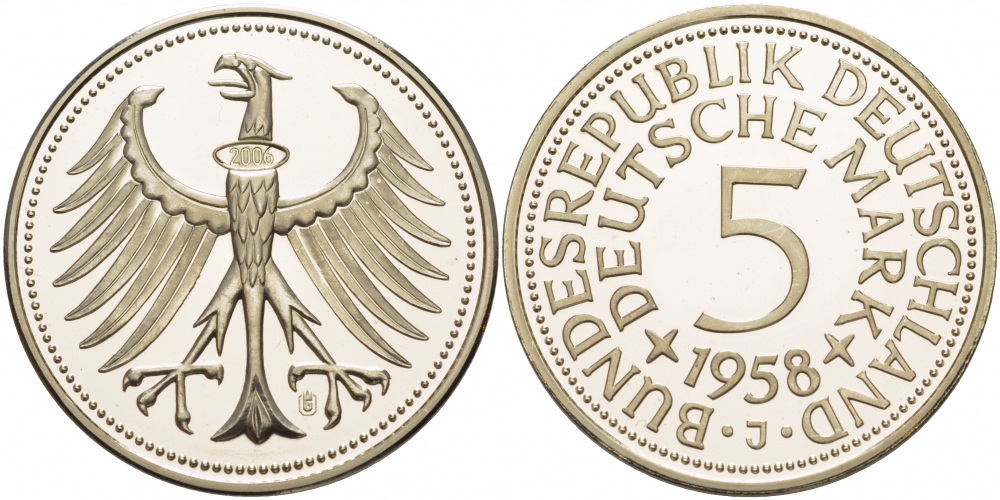 ФРГ 5 марок 1958 J, официальная копия редкой монеты (2006 года) серебро PROOF 06-255-42