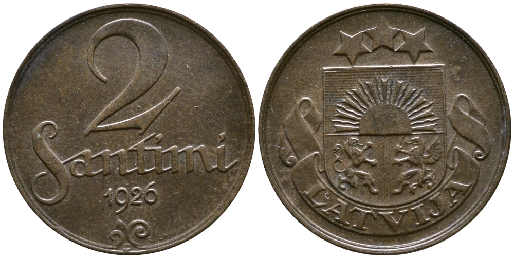 ЛАТВИЯ 2 САНТИМА 1926 ПЕРВАЯ РЕСПУБЛИКА (1918-1939) KM 2 бронза 86-636