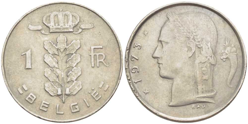 БЕЛЬГИЯ 1 ФРАНК 1973 BELGIE, БОДУЭН I (1951-1993) KM 143.1 медно-никель 213-345