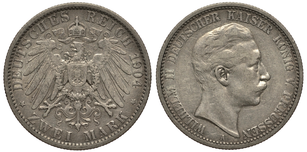 Пруссия 2 марки 1904 A, Вильгельм II (1888-1918) J.102, Weege 101, KM 522 серебро 3711-733