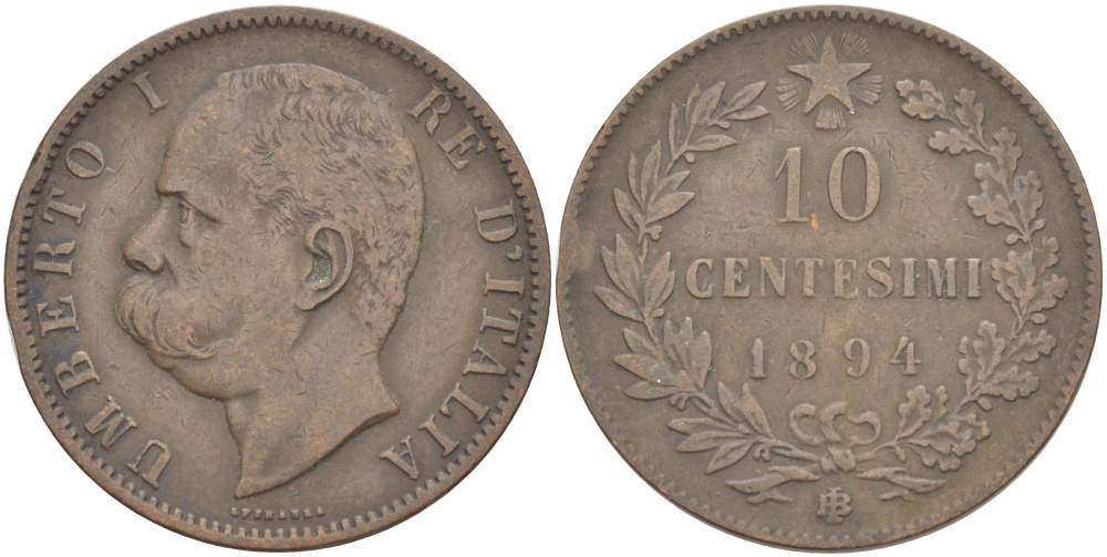 Италия 10 чентезимо 1894 B/I, Умберто I (1878-1900) KM 27.1 медь 4526-1014