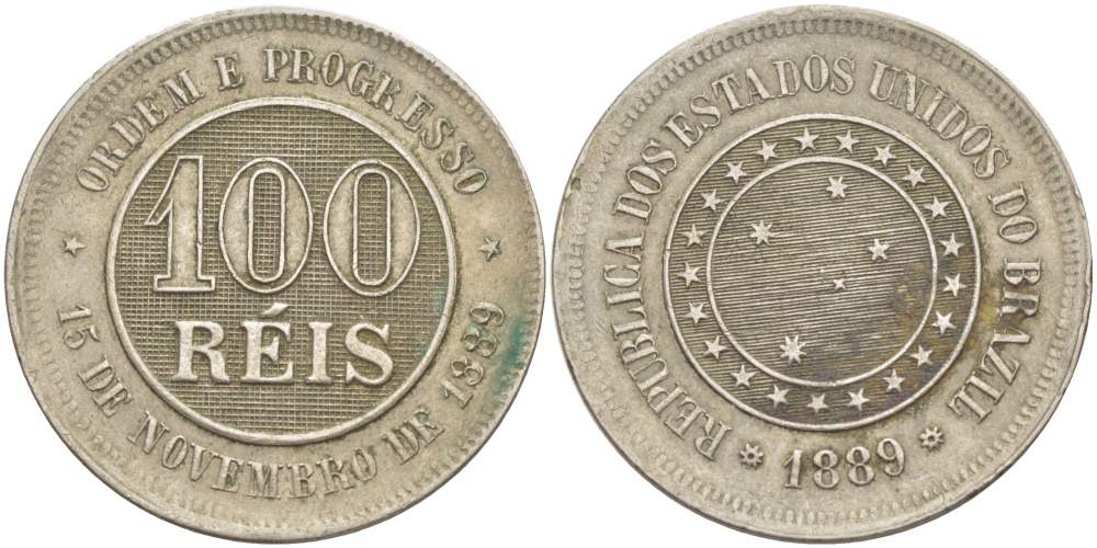 БРАЗИЛИЯ 100 РЕЙС 1889 РЕСПУБЛИКА KM 483 медно-никель 4529-534