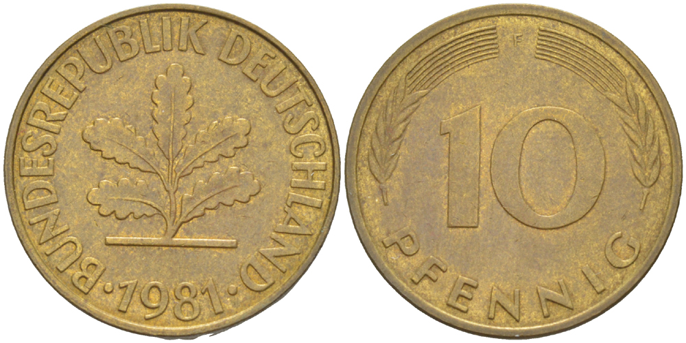 ФРГ 10 ПФЕННИГОВ 1981 F KM 108, J. 383 сталь плакированная латунью 4182-924
