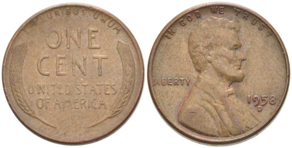 США 1 ЦЕНТ 1958 D, ЛИНКОЛЬН KM А132 медь цинк 218-1047