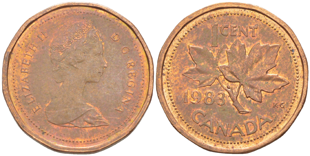 КАНАДА 1 ЦЕНТ 1983 КЛЕНОВЫЙ ЛИСТ, ЕЛИЗАВЕТА II (1953-) KM 132 бронза 4181-1267