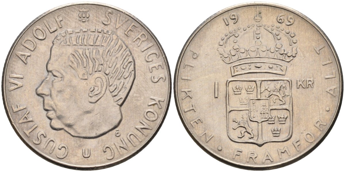 Швеция 1 крона 1969 Густав VI Адольф (1950-1973) KM 826а медь плакированная медно-никелем 4582-441