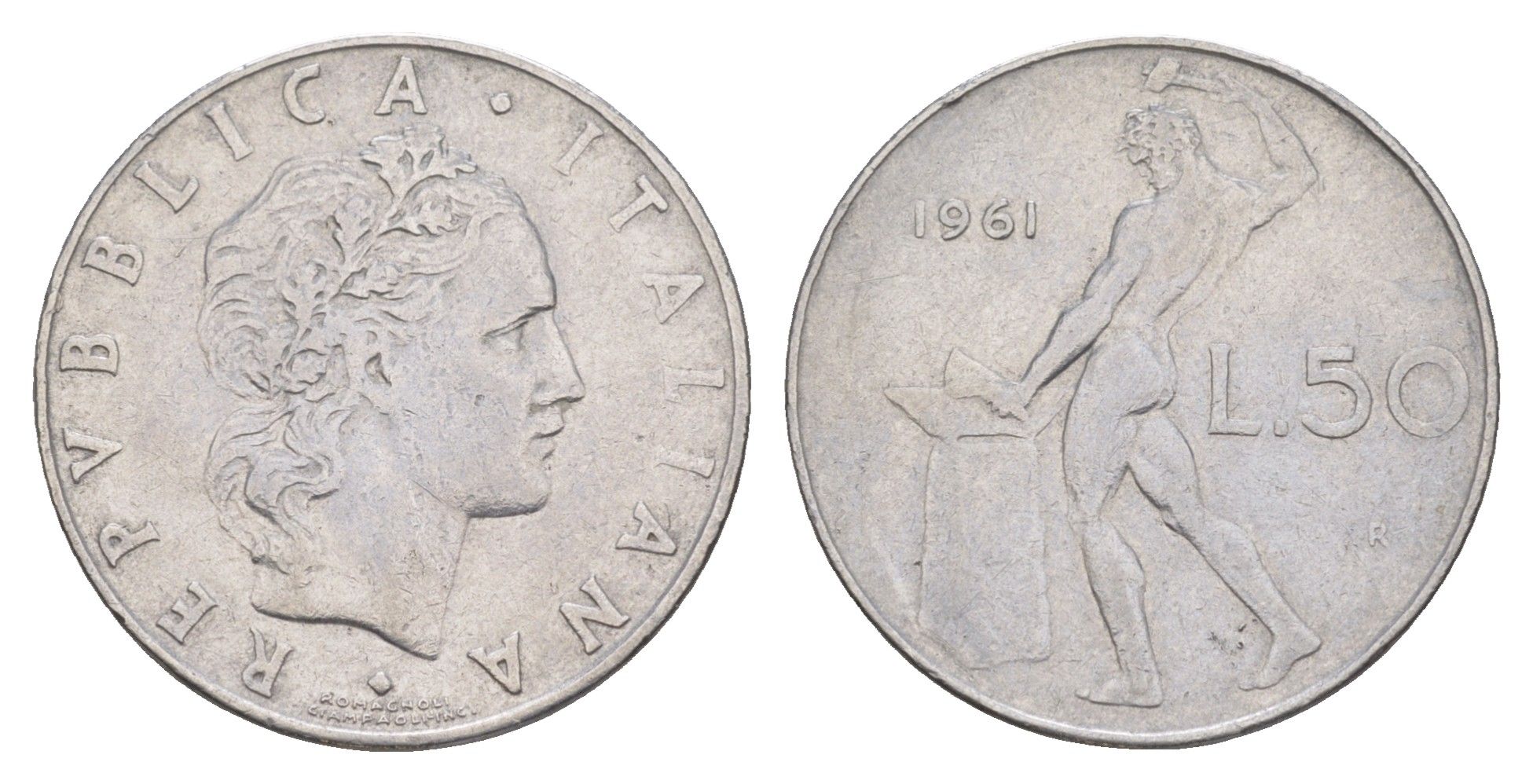 Италия 50 лир 1961 R, бог огня Вулкан у наковальни KM 95.1 нержавеющая сталь 4551-955