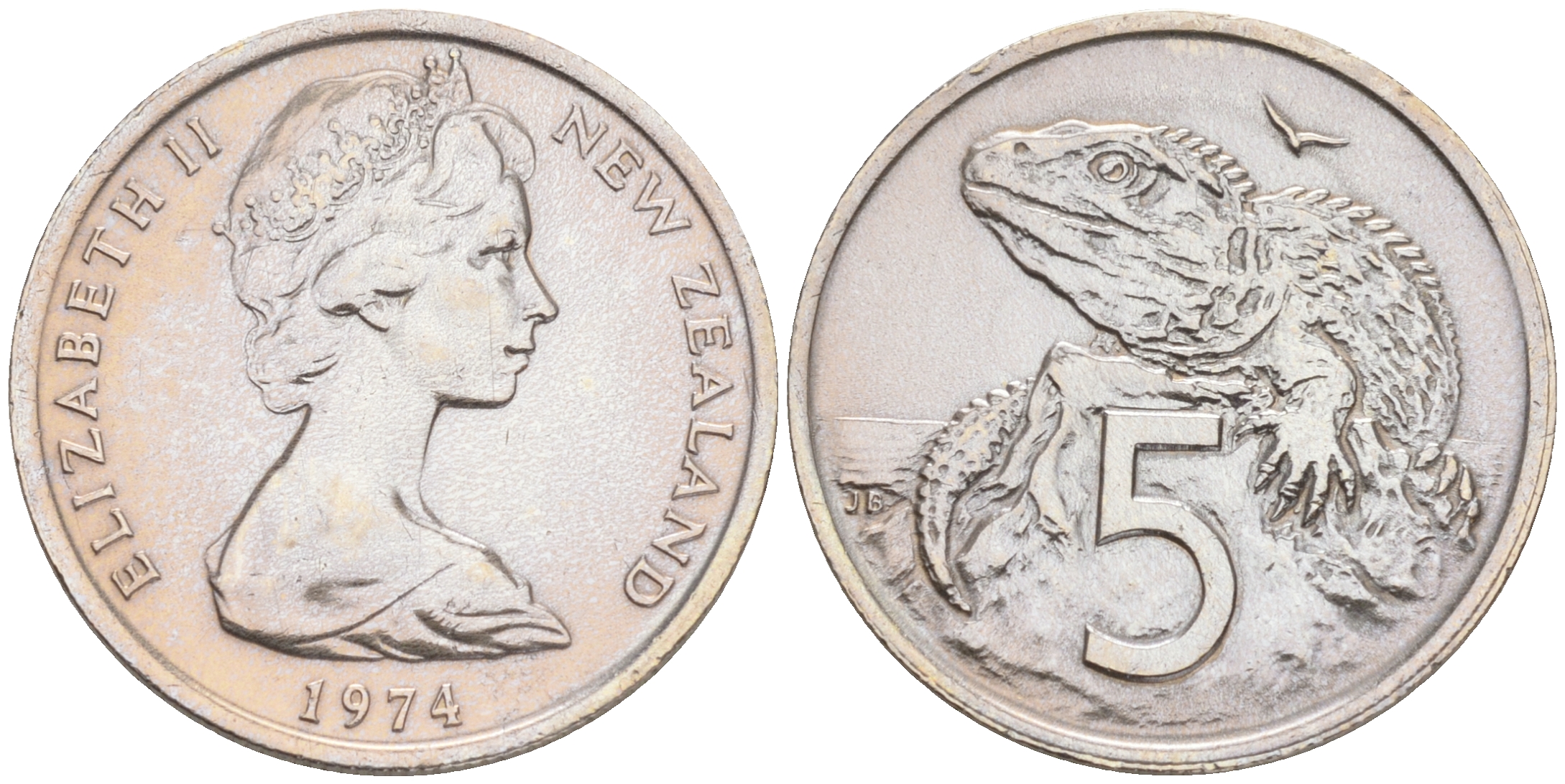 Новая Зеландия 5 центов 1974 Елизавета II (1952-2022), ящерица гаттерия KM 34.1 медно-никель UNC 192-214