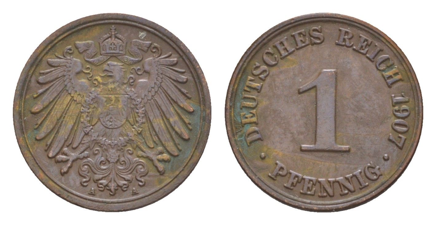 Германия 1 пфенниг 1907 A, Вильгельм II (1888-1918) KM 10, J. 10 медь 4639-1129