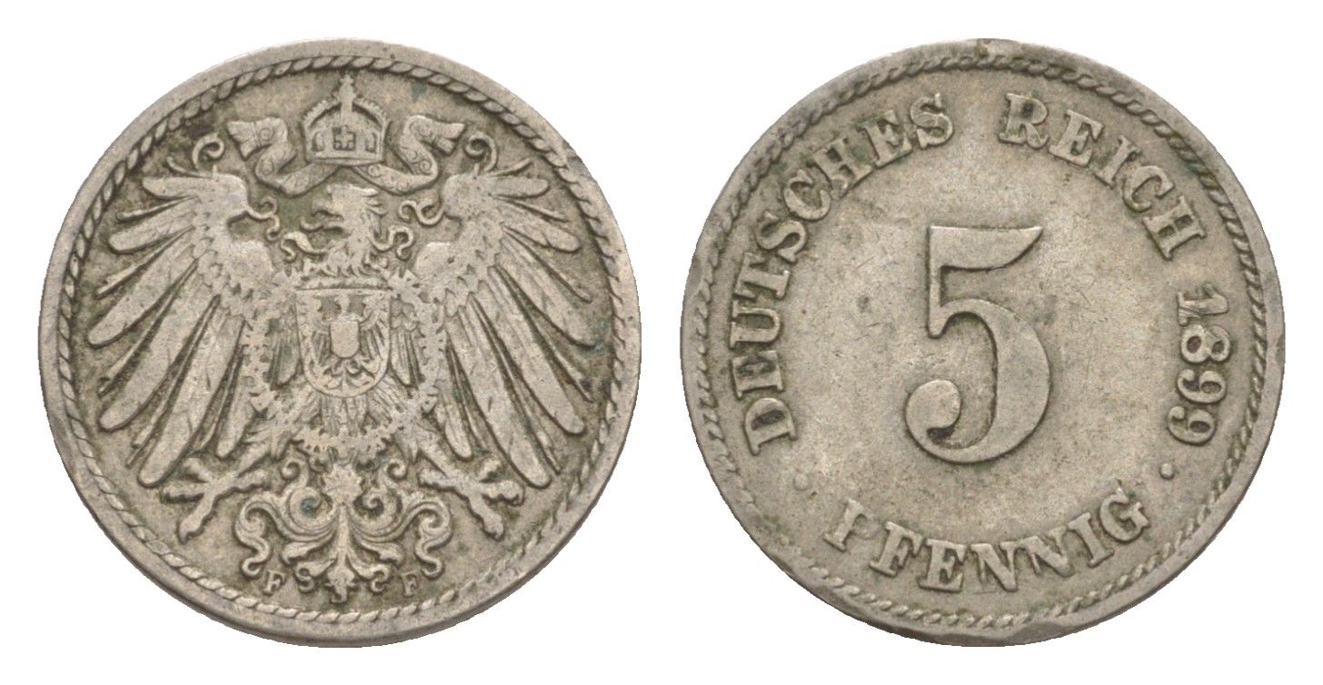 Германия 5 пфеннигов 1899 F, Вильгельм II (1888-1918) KM 11, J. 12 медно-никель 4639-1269