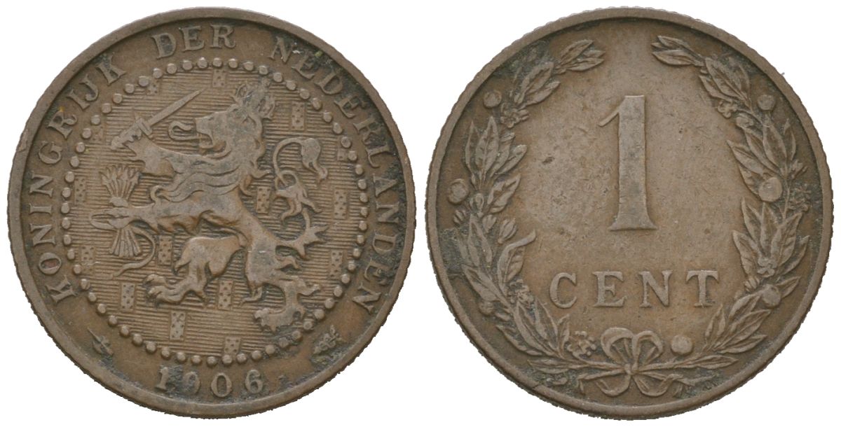 Нидерланды 1 цент 1906 Вильгельмина (1890-1948) KM 132 бронза 4154-1133