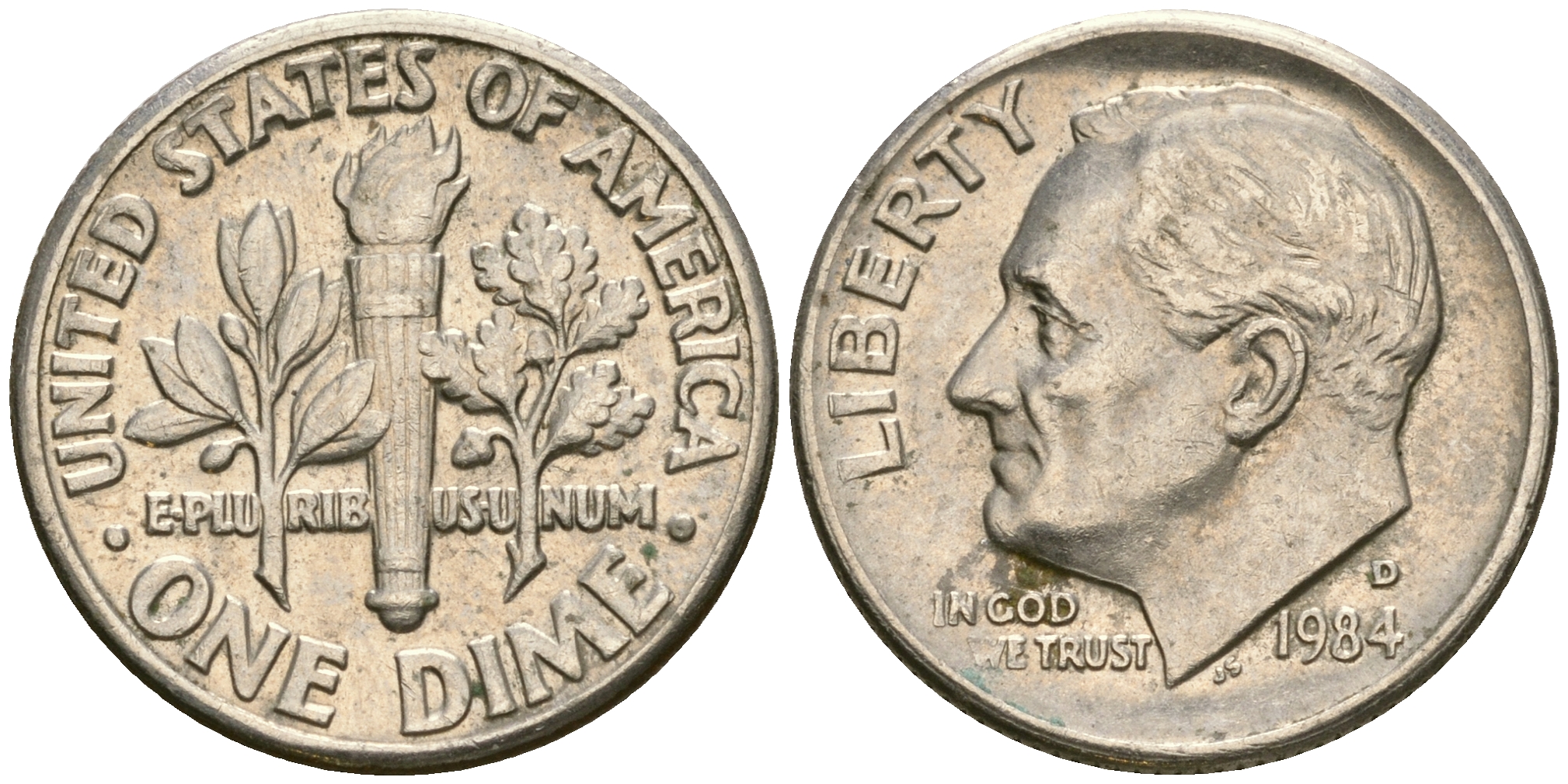 США 1 дайм - 10 центов 1984 D, Рузвельт KM 195а медь плакированная медно-никелем    4608-633