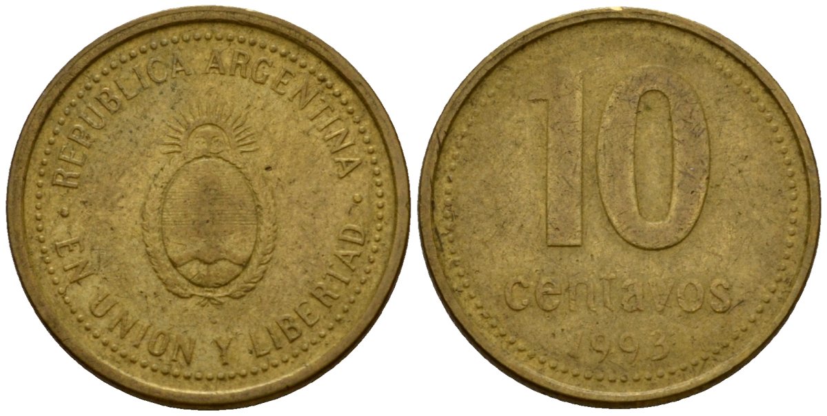 Аргентина 10 сентаво 1993 герб KM 107 алюминиевая бронза 4602-844