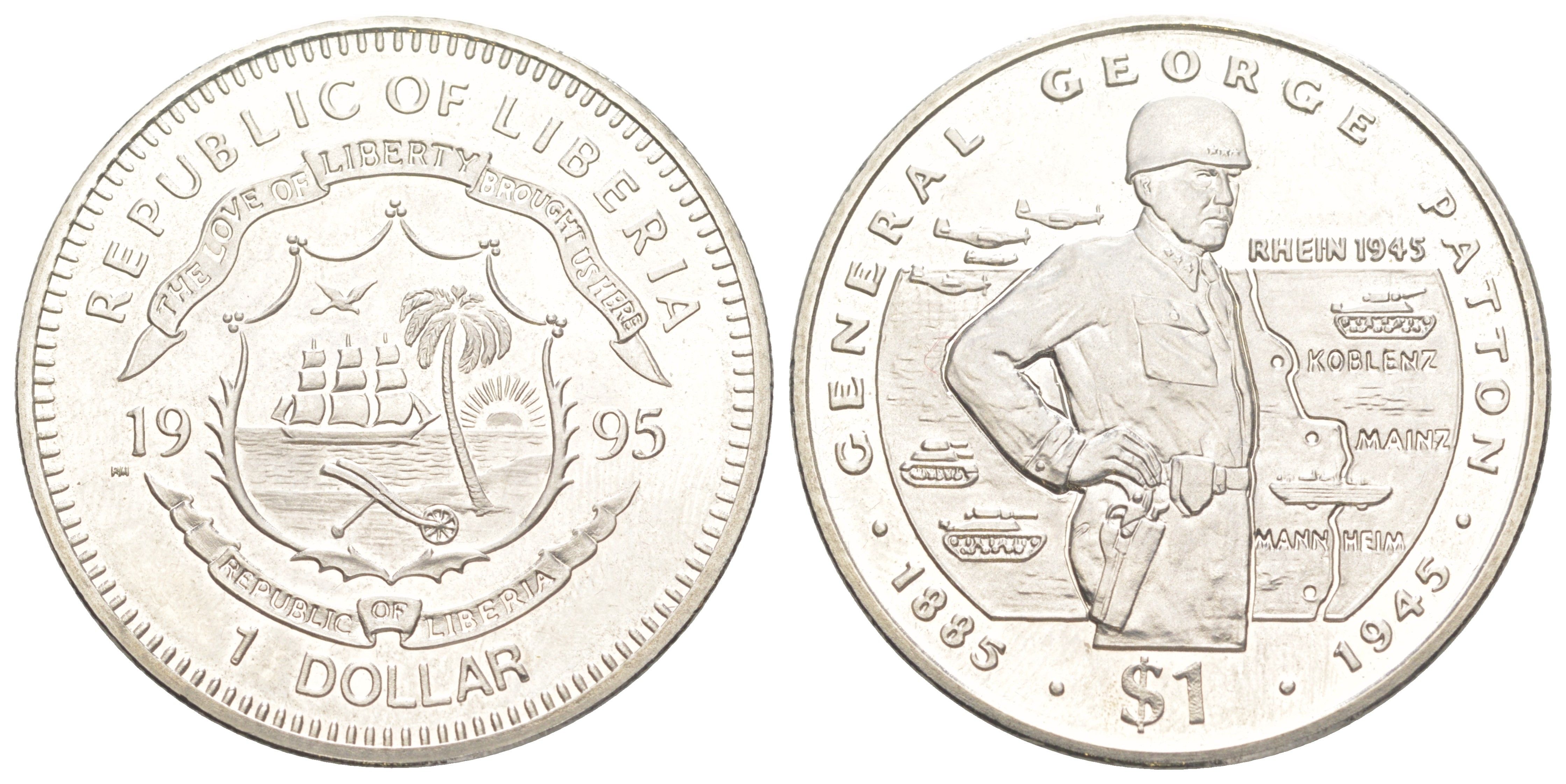 Либерия 1 доллар 1995 Генерал Джордж Паттон KM 142 медно-никель BU 4044-142