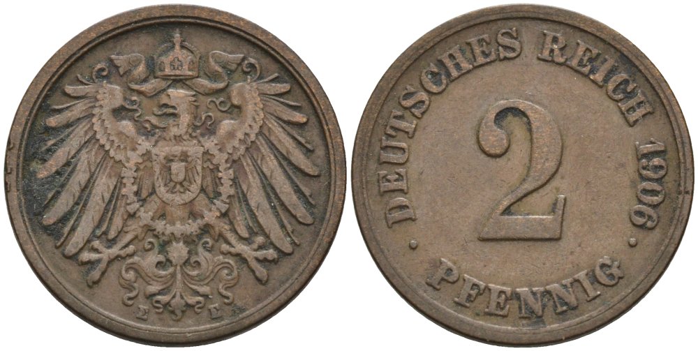 Германия 2 пфеннига 1906 Е KM 16, J. 11 медь 4567-1115