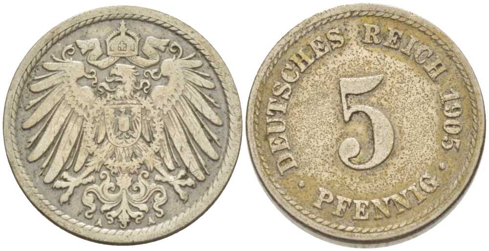 ГЕРМАНИЯ 5 ПФЕННИГОВ 1905 A KM 11, J. 12, Weege 6 медно-никель 206-942
