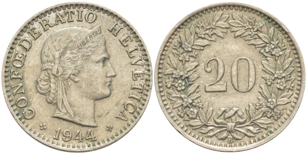 ШВЕЙЦАРИЯ 20 РАППЕНОВ 1944 В KM 29а медно-никель 4511-912