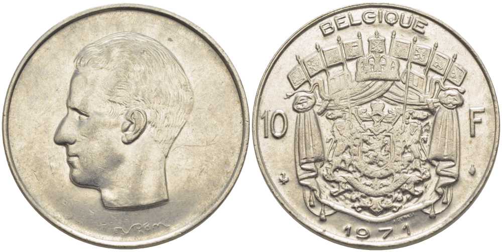Бельгия 10 франков 1971 Belgique, Бодуэн I (1951-1993) KM 155.1 никель 115-714
