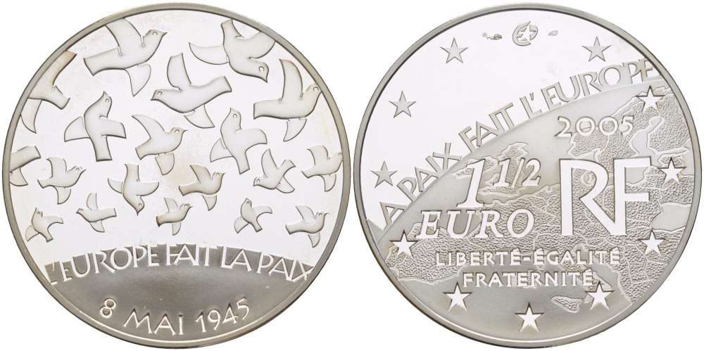 Франция 1 1/2 евро 2005 60 лет мира в Европе, голуби мира КМ 1441 серебро PROOF 01-161-41