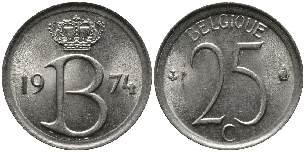 Бельгия 25 сантимов 1974 Belgique, Бодуэн I (1951-1993) KM 153.1 медно-никель 99-425