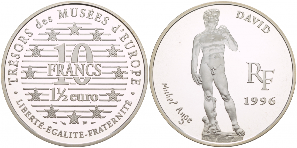 Франция 10 франков = 1 1/2 евро 1996 серия сокровища музеев Европы, Давид работы Микеланджело KM 1146 серебро PROOF 00-00
