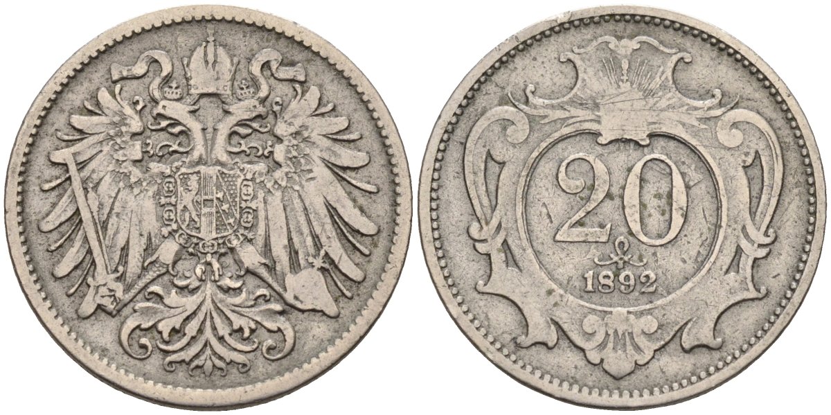 Австрия 20 геллеров 1892 Франц Иосиф I KM 2803 никель 4584-235
