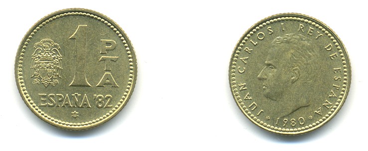 Испания 1 песета 1980 (80) чемпионат мира по футболу в Испании 1982 года, Хуан Карлос I (1975-) KM 816 алюминиевая бронза 80-1123