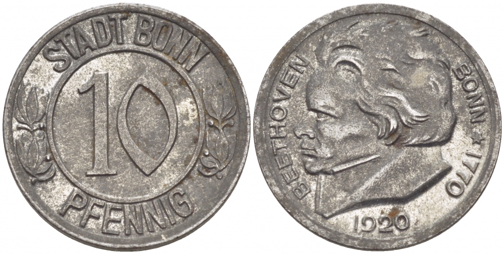 Германия, Бонн 10 пфеннигов 1920 Бетховен, Северный Рейн-Вестфалия, нотгельд Funck 51.1A железо 3856-1027