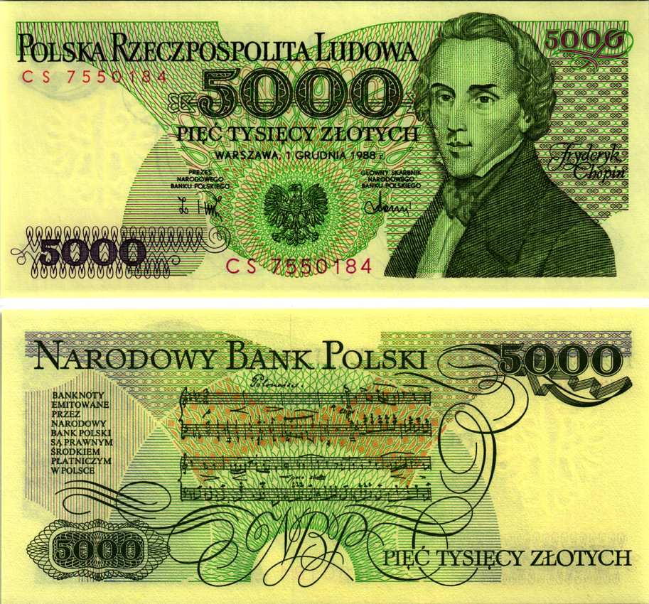 ПОЛЬША 5000 ЗЛОТЫХ 1988 1 ДЕКАБРЯ 1988, ФРЕДЕРИК ШОПЕН Pick 150c бумага UNC (ПРЕСС) 8607-86-3-2