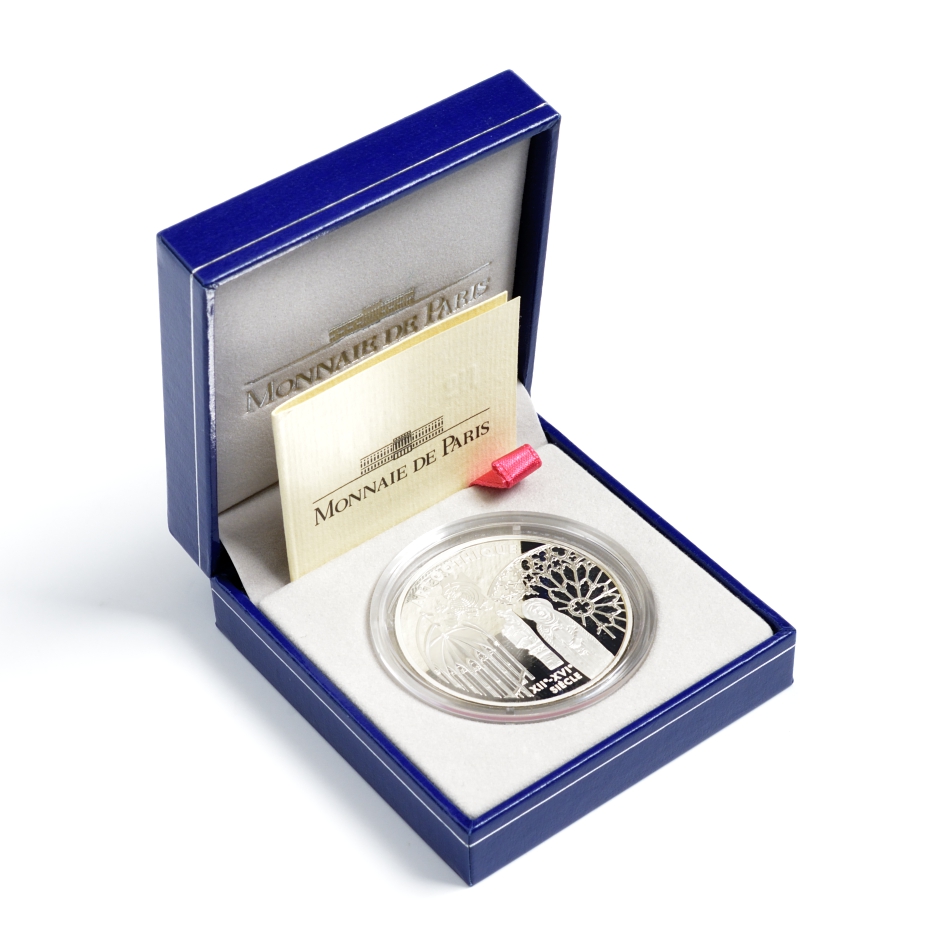 Франция 1 евро = 6,55957 франков 2000 готический стиль в архитектуре (XII-XVI веков) в оригинальной коробке, с сертификатом KM 1246 серебро PROOF 4-3-3-11