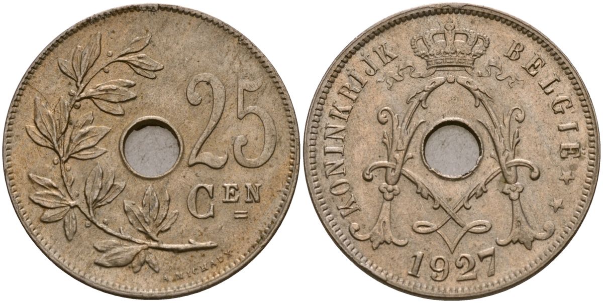 Бельгия 25 сантимов 1927 KM 69 медно-никель 4165-412