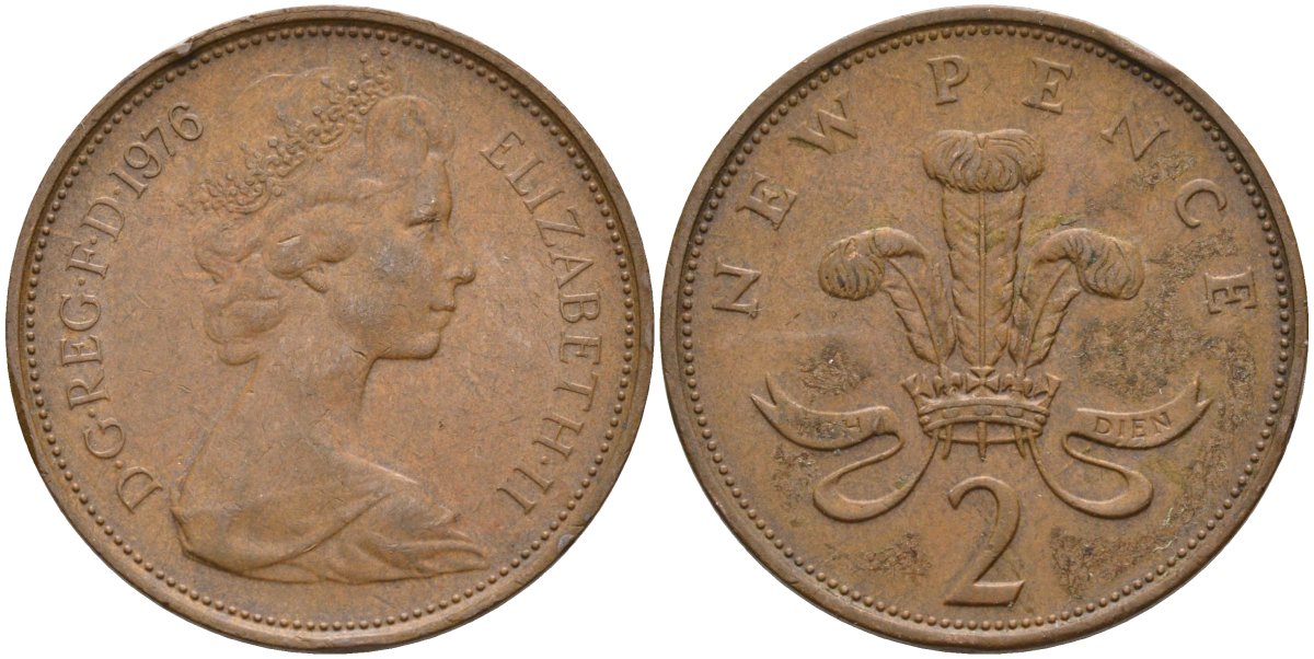 Великобритания 2 пенса 1976 Елизавета II (1952-2022) KM 916, Spink 4235 (C1) бронза 4587-912