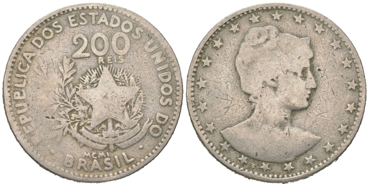 Бразилия 200 реалов 1901 MCMI, голова свободы вправо KM 504 медно-никель 4612-227