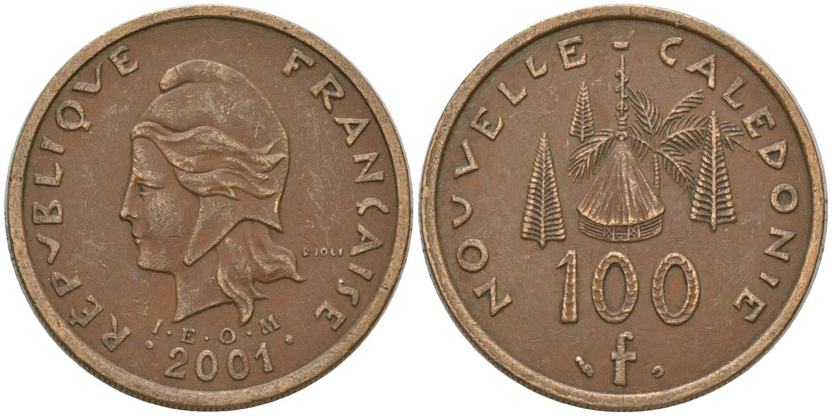 Французская Новая Каледония 100 франков 2001 хижина среди сосен и пальм, (IEOM) KM 15, Schoen 16, Lec 139e никель латунь 4144-715