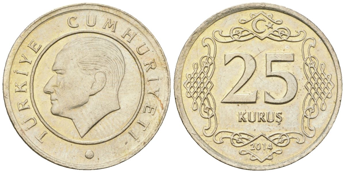 Турция 25 курушей 2014 KM 1242 медно-никель 4610-1114