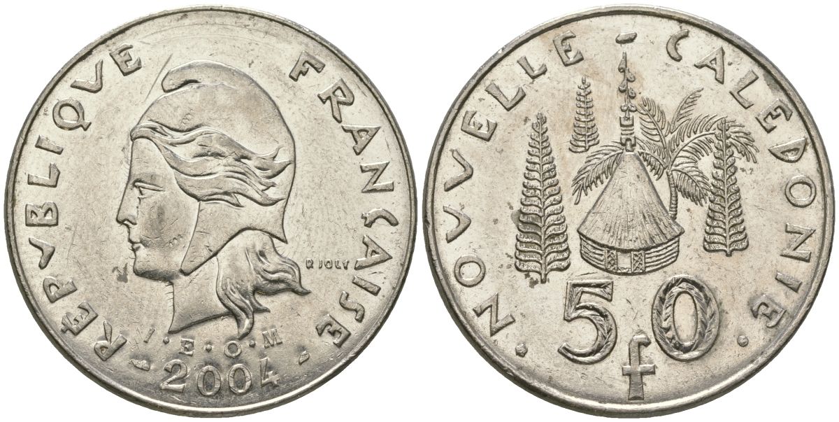 Французская Новая Каледония 50 франков 2004 хижина среди сосен и пальм, (IEOM) KM 13, Schoen 15, Lec 121 никель 111-1041