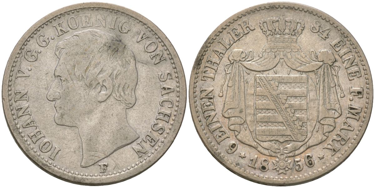 Саксония 1/6 талера 1856 F, Иоганн I (1854-1873) KM 1186, AKS 141 серебро 4584-1114