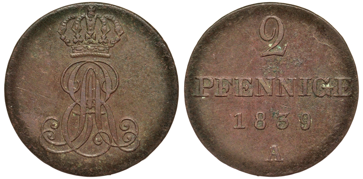 Ганновер 2 пфеннига 1839 A, Эрнст Август (1837-1851) KM 174.1, AKS 122, J. 55 медь 75-1712