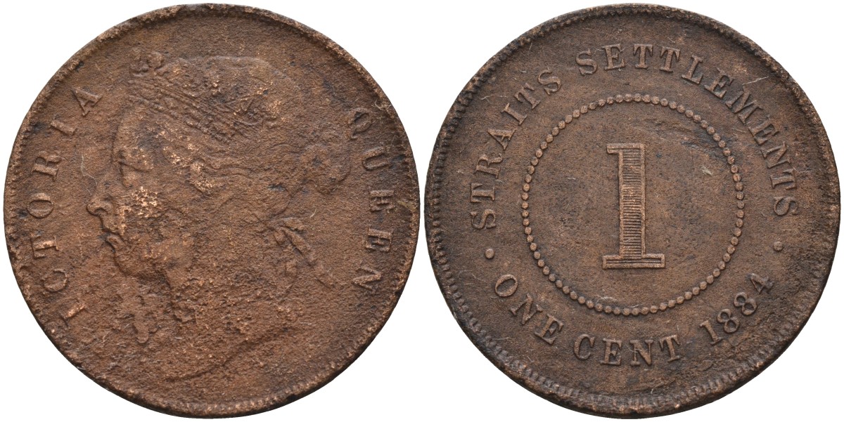 Стрейтс-Сетлментс 1 цент 1884 Виктория (1837-1901), Ост-Индская компания KM 9а бронза 4590-433