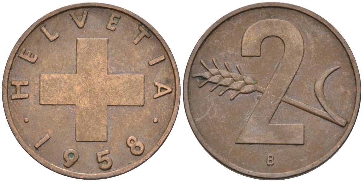 Швейцария 2 раппена 1958 В KM 47 бронза 4591-1222