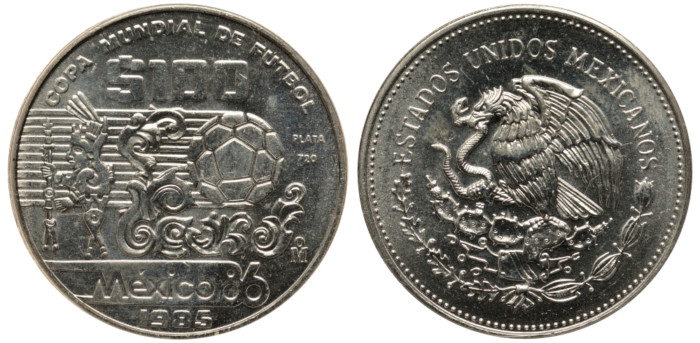 Мексика 100 песо 1985 чемпионат мира по футболу в Мексике 1986 года KM 499 серебро UNC 04-102-41