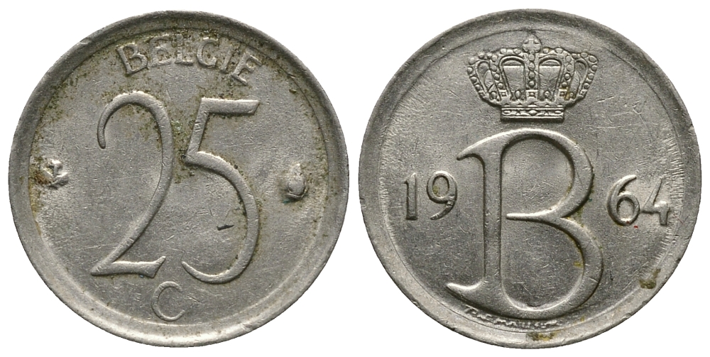 Бельгия 25 сантимов 1964 Belgie, Бодуэн I (1951-1993) KM 154.1 медно-никель 54-1025