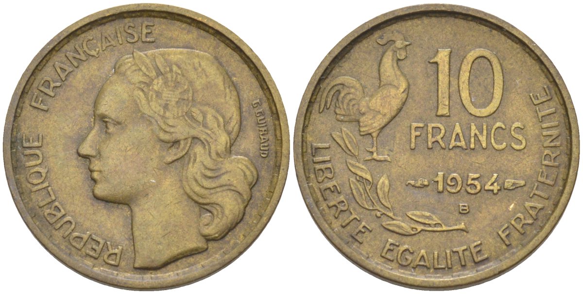 Франция 10 франков 1954 В, петух KM 915.2, Le Frank 363.11 алюминиевая бронза 212-1246