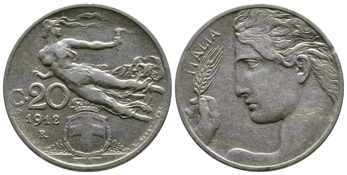 Италия 20 чентезимо 1912 R, Виктор Эммануил III (1900-1946) KM 44 никель 4622-331