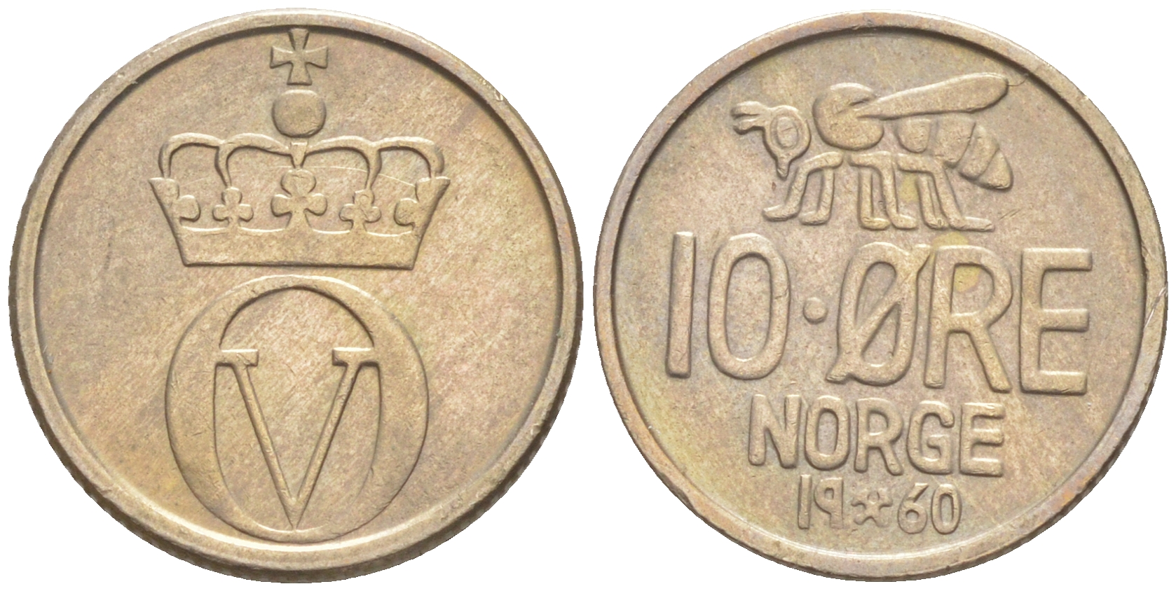 Норвегия 10 эре 1960 пчела, Улаф V (1958-1991) KM 411 медно-никель aUNC 187-756